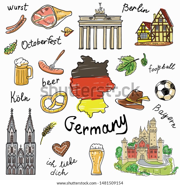 Set Germany Symbolslandmarkstravel Iconsdoodlehand Drawn Set Stock ...