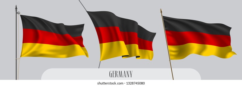 Set of Germany waving flag on isolated background vector illustration. 3 black red German wavy realistic flag as a patriotic symbol 