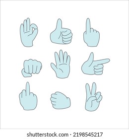set of gesture blue hand icon design. fist, hold, stop, ok, two, up, point illustration