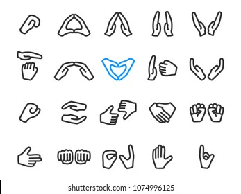 Set of gesture icons with two hands, outline style, vector. Collection of gestures: clap, heart, handshake and other