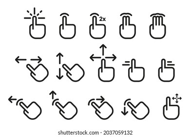 Conjunto de iconos de línea de vectores relacionados con gestos. Iconos de mano. Ilustración del vector