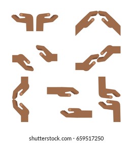 Set of gestures of African American hands express mutual assistance, mutual understanding, support and help, tenderness. Flat vector cartoon hand illustration. Objects isolated on a white background.