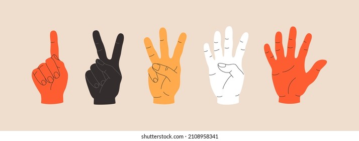 Set of gestures colourful human hands different races, showing fingers to count from one to five. Hand drawn vector illustration isolated on light background. Trendy modern flat cartoon style.