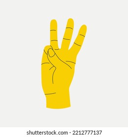 Set of gestures colourful human hands counting. Fingers expressing the numbers 3. Showing fingers to count from one to five. Voting and pointing, hi-five, number one finger, election vote.