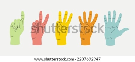 Set of gestures colourful human hands counting. Fingers expressing the numbers 1,2,3,4,5. Showing fingers to count from one to five. Voting and pointing, hi-five, number one finger, election vote.