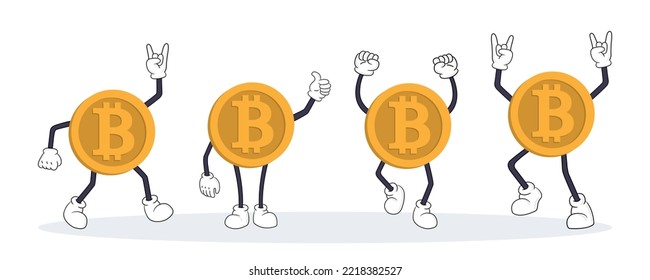 Set of gestures of cute bitcoin characters. Vector illustrations of crypto coins. Cartoon funny gold mascots with legs and arms isolated on white. Virtual money, cryptocurrency, finance concept