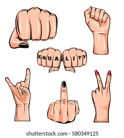 Set of gestures of female hands in a vector illustration isolated on white background