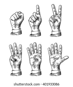 Set of gestures of hands counting from zero to five.  Vector vintage engraved illustration isolated on white background.