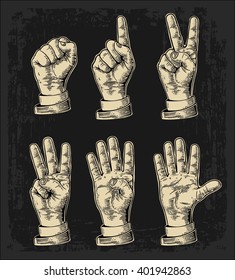 Set of gestures of hands counting from zero to five.  Vector vintage engraved illustration isolated on white background.