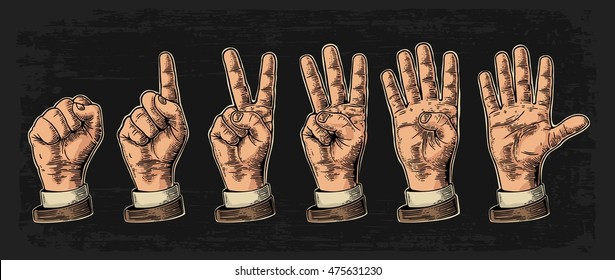 Set of gestures of hands counting from zero to five. Male Hand sign. Vector vintage engraved illustration isolated on dark background.