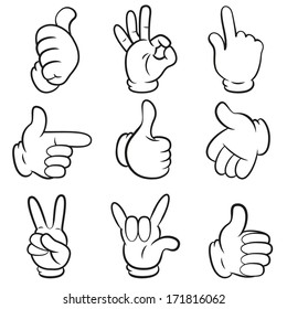 Set of gestures. Hands symbols (signals) collection. Cartoon style. Isolated on white background. Vector illustration. EPS10