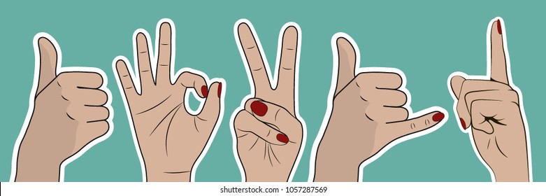 Set of gestures. Isolated female hands. Vector illustration.
