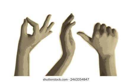 set of gestures, isolated hands on white, halftone trend style, contemporary modern art, vector collage