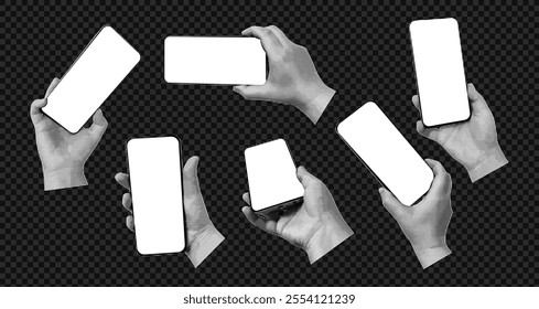 Set of gestures with a smartphone in the style of halftones. Trending elements in the style of pop art. A blank screen for the design. Vector.