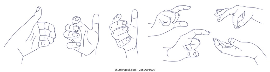 Set of gestures in various positions. Contour vector illustration. Hand is slightly open as if holding something. Index, middle, ring, little fingers and thumb