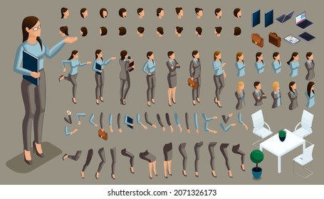 Conjunto de gestos de las manos de una mujer, posición de pierna en isométrica para crear un personaje de mujer de negocios 3D. Cree su carácter y grupo con expresiones diferentes.