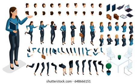 Set of gestures of a woman's hands, leg position in isometric to create a 3D business lady character. Create your character and group with different expressions