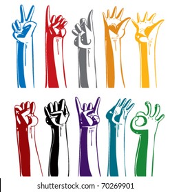 Set of gesturing hands. Stylized illustration icons collection. Painted with symbolic colors.