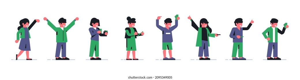 A set of gesturing men and women in different poses. People waving their hands. Money, wallet, phone, class sign, thumbs up, like. Vector illustration isolated on white background.