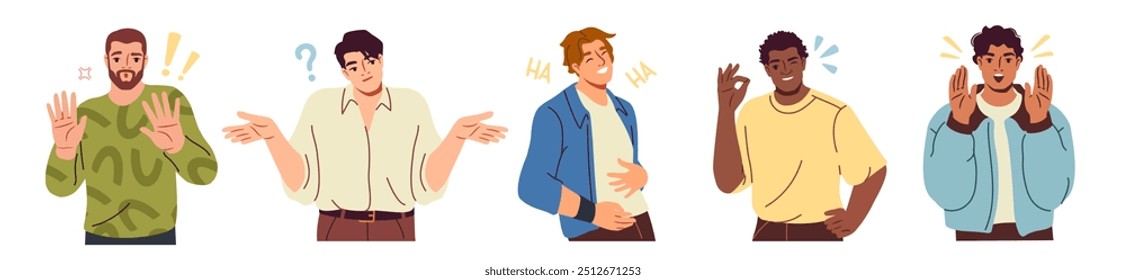 Set of gesturing people. Men express different emotions through body language and hand gestures. Laughing, happy, surprised and thoughtful character. Flat vector illustration isolated on background