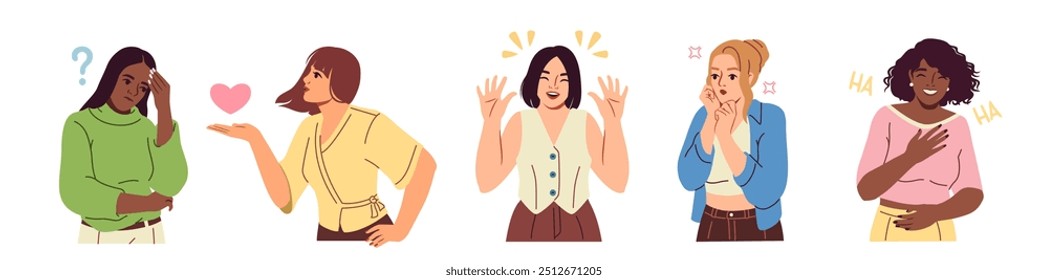 Conjunto de gestos de la gente. Las mujeres expresan diferentes emociones a través del lenguaje corporal y los gestos con las manos. Chicas reflexivas, sorprendidas, risueñas y románticas. Ilustración vectorial plana aislada sobre fondo