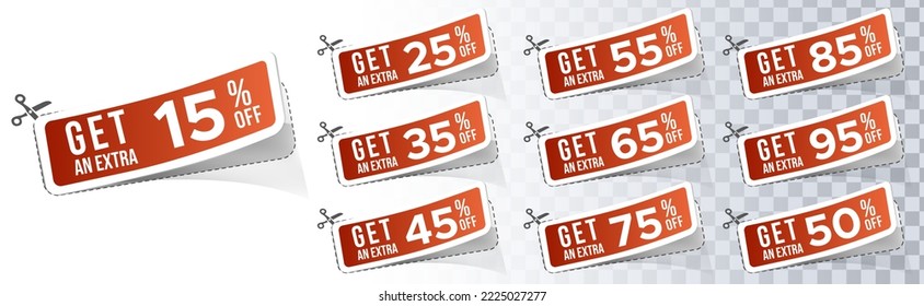 Set Get an extra sale coupons with scissor. Price off tag design collection. 15%, 25%, 35%, 45%, 55%, 65%, 75%, 85%, 95%, percent and dollar illustration. svg