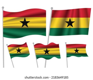 Set of Ghana waving flag on isolated background vector illustration. 5 Ghana wavy realistic flag as a symbol of patriotism
