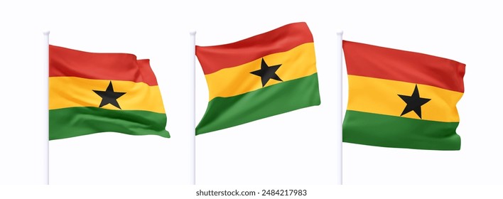 Set of Ghana waving flag on flagpole. Realistic 3d design flag flies on the wind on isolated white background. vector illustration