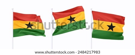 Set of Ghana waving flag on flagpole. Realistic 3d design flag flies on the wind on isolated white background. vector illustration