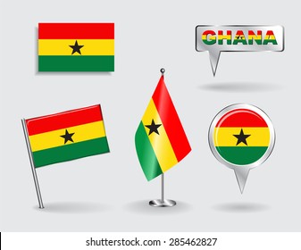 Set of Ghanaian pin, icon and map pointer flags. Vector illustration.
