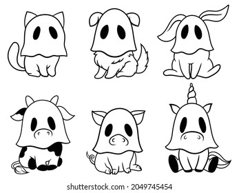 Set of ghost animals. Collection of cute Halloween animals in spooky spirit costume. Vector illustration for for postcards.