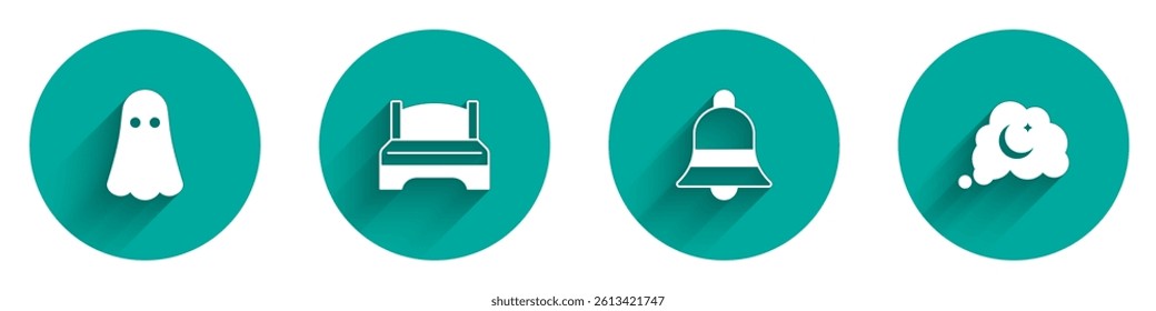 Set Ghost, Big bed, Ringing bell and Dreams icon with long shadow. Vector