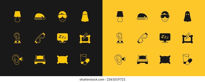 Set Ghost, Big bed, Sleepy, Pillow, Eye sleep mask, Table lamp and Sleeping hat icon. Vector