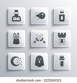 Set Ghost, Bottle with potion, Castle tower, Crossed medieval sword, Moon and stars, Magician hat rabbit ears,  and  icon. Vector