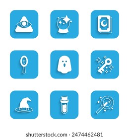 Set Ghost, Bottle with potion, Magic wand, Old magic key, Witch hat, hand mirror, Tarot cards and All-seeing eye of God icon. Vector