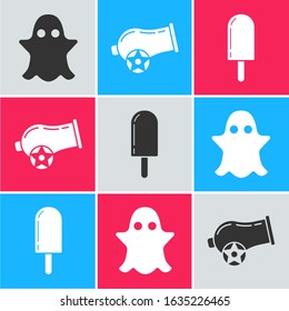 Set Ghost, Cannon and Ice cream icon. Vector