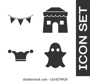 Set Ghost, Carnival garland with flags, Jester hat with bells and Circus tent icon. Vector