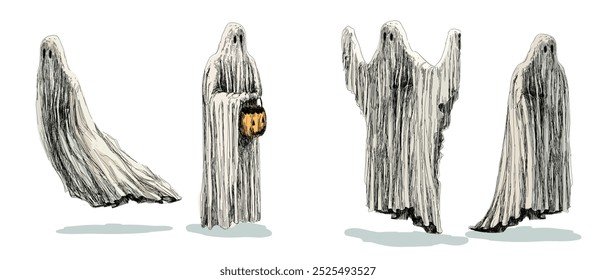 Conjunto de personaje fantasma coloreado símbolo de Halloween vacaciones de otoño aisladas sobre fondo blanco