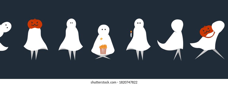 Set of ghost character in different pose for Halloween. Costume for masquerade. Cute flat vector illustration on isolated background. 