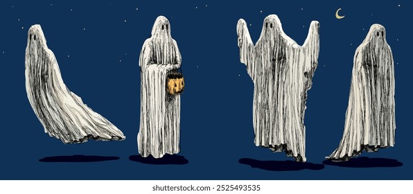 Conjunto de símbolo de halloween de carácter fantasma vacaciones de otoño aisladas sobre fondo oscuro de la noche