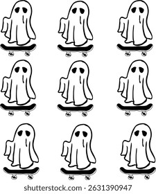 Set of ghost character on skateboard vector halloween