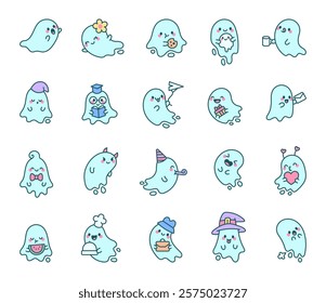 Set of ghost characters featuring emotions, accessories, hat, letter, gift, book, drink, party items, and holiday themed kawaii cartoon illustrations for yours creative design