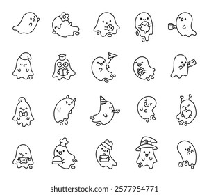 Set of ghost characters featuring emotions, accessories, hat, letter, gift, book, drink, party items, and holiday themed kawaii cartoon illustrations for yours creative design