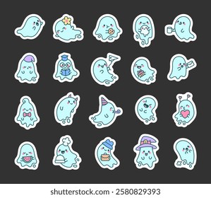 Set of ghost characters featuring emotions, accessories, hat, letter, gift, book, drink, party items, and holiday themed kawaii cartoon illustrations for yours creative design