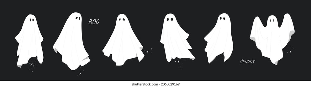 Set of ghost. Collection of images for children. Stickers, avatars, posters, icons, stickers. Halloween, feast of fear, horror, holiday. Cartoon flat vector illustrations isolated on black background