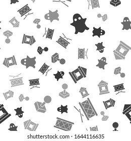 Set Ghost, Drum with drum sticks, Ticket box office and Joystick for arcade machine on seamless pattern. Vector