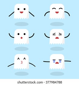 Set of Ghost Emoticons. Set of Emoji, Avatars. Smiley faces. Isolated vector illustration on blue background