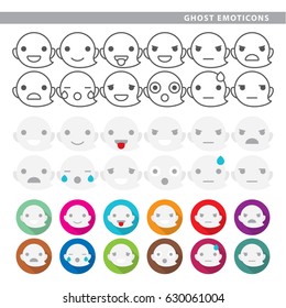 Set of ghost emoticons with twelve expressions in line, color and shadow style.