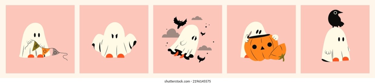 Set ghost emotional expression  Halloween phantom ghost and different character  Concept mystical drawings for decoration  Flat vector illustration isolated pink background 