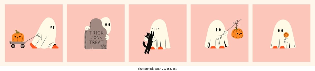 Set ghost expression  Halloween phantom ghost and different character  Kawaii courthouse mystical drawings concept  Flat vector illustration isolated and pumpkins   holiday elements 